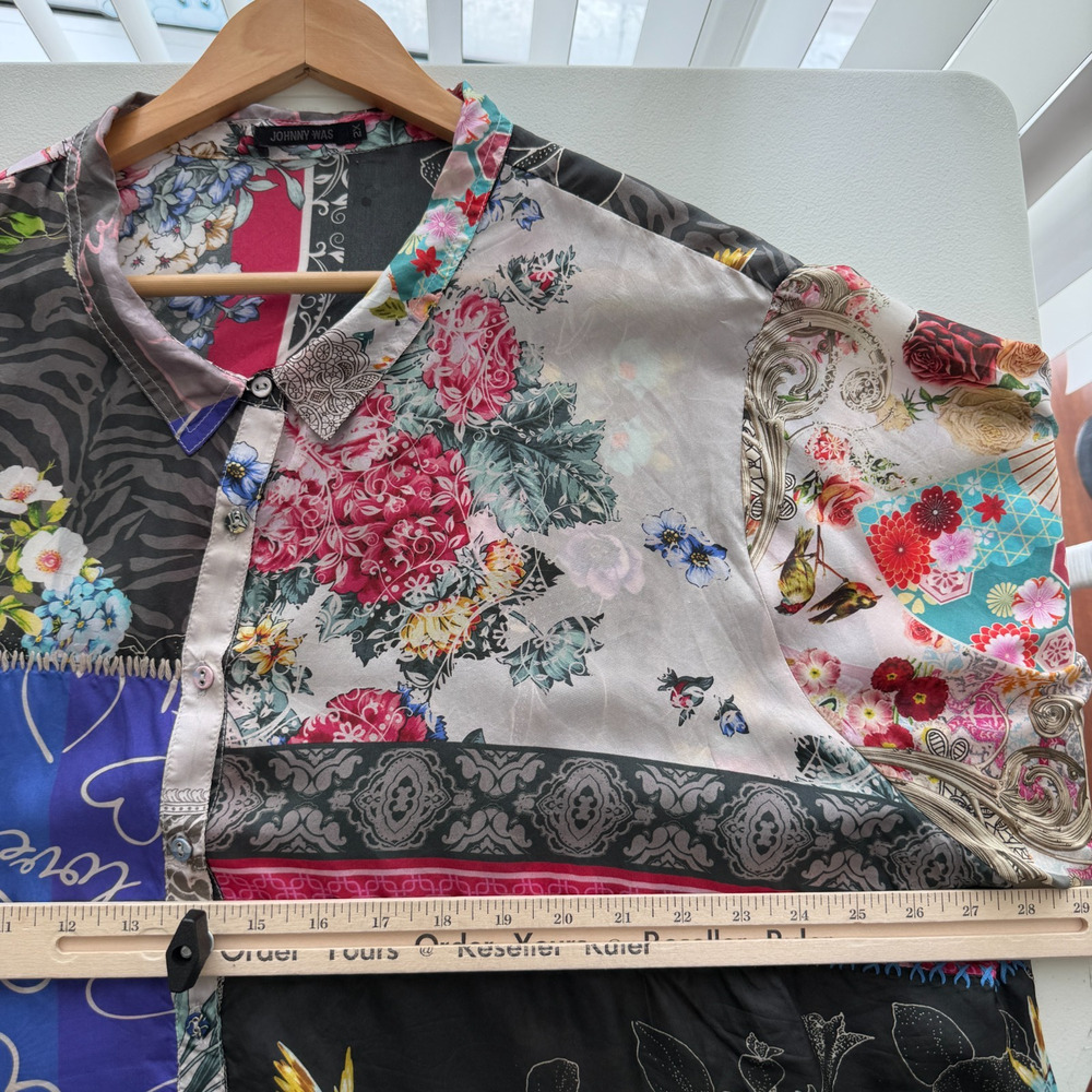 Johnny Was Silk Blouse 2X Floral Patchwork Boho Button Up Blouse Zippy Julia Top - Picture 9 of 11